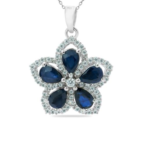 BUY NATURAL BLUE SAPPHIRE GEMSTONE FLORAL PENDANT IN 925 SILVER